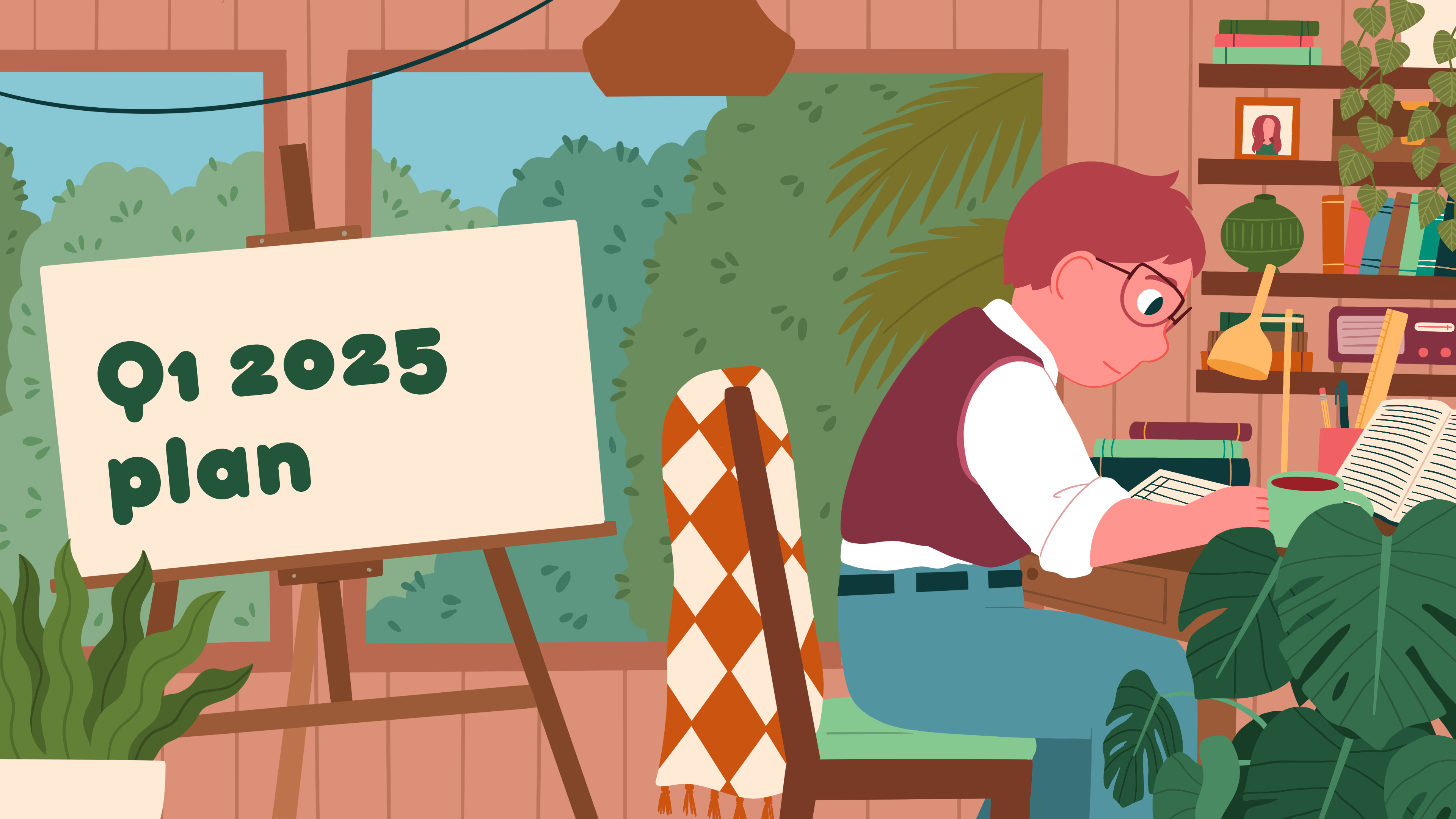 A colorful illustration of a man writing at a desk with the text “Business Update” on an easel on the left. The office is filled with plants, a rug draped over the chair, and a shelf with books and various nicknacks. Two large windows show a sunny collection of treetops.