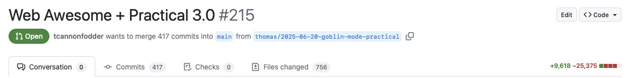 A pull request that has over 9,000 lines added, and over 25,000 lines deleted