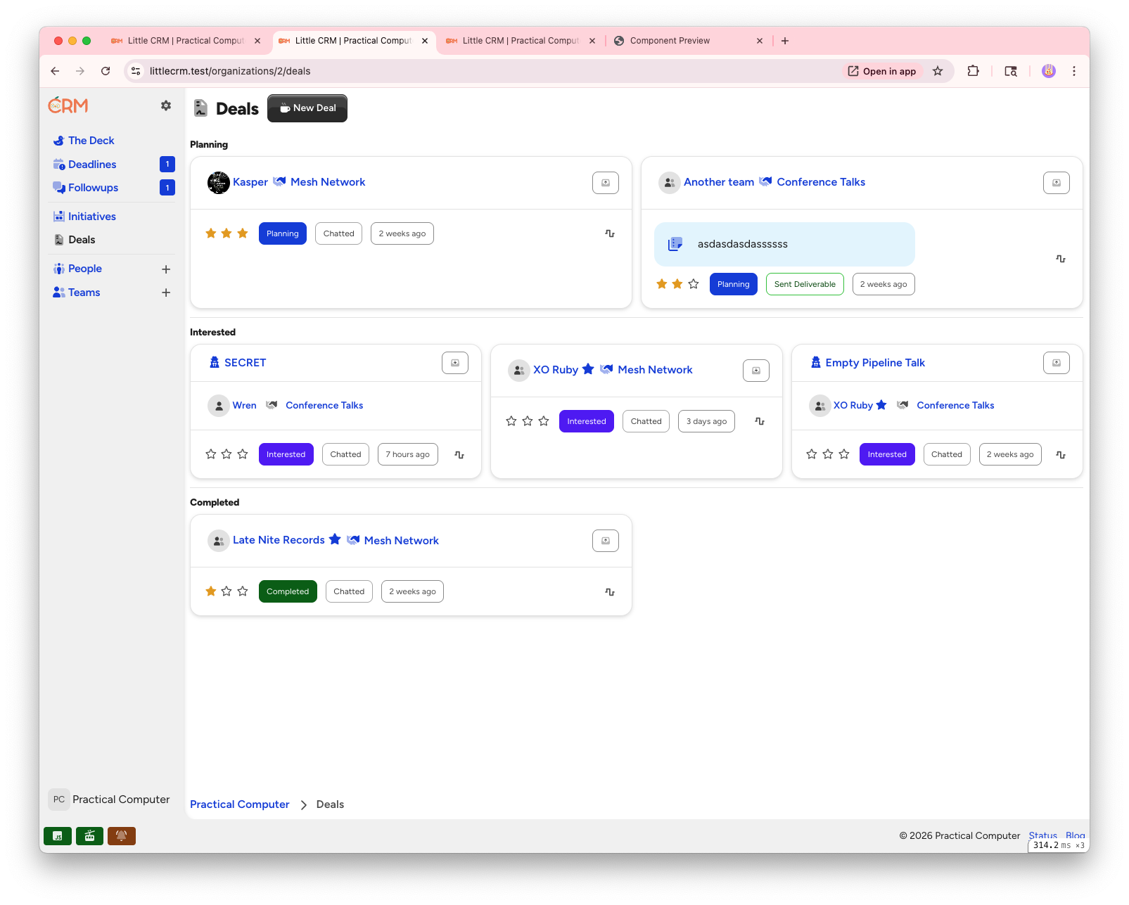 A screenshot of LittleCRM, showing how deals can have codenames (labels), with versions of the deal cards in various states.